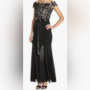 Betsy & Adam off the shoulder mermaid black & nude evening gown